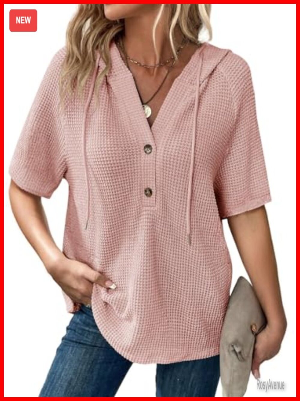Waffle Knit Drawstring Hoodie Short Sleeve V Neck Button Casual Top